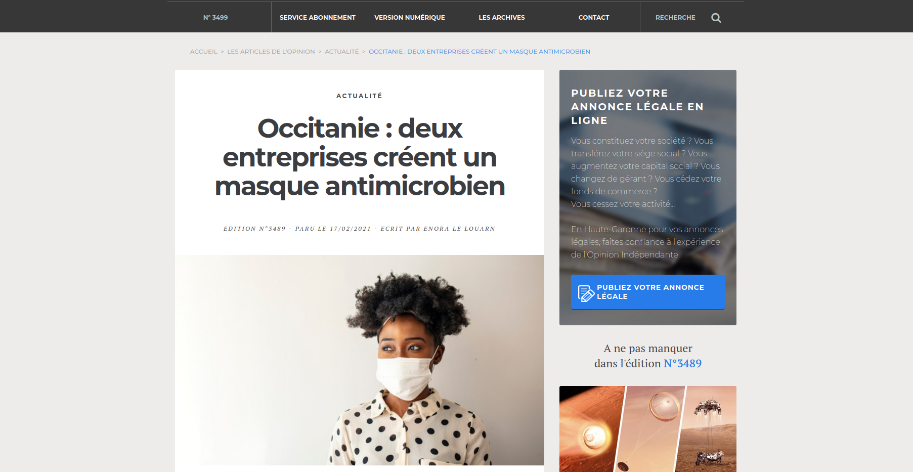 L'Opinion - Occitanie : deux entreprises créent un masque antimicrobien