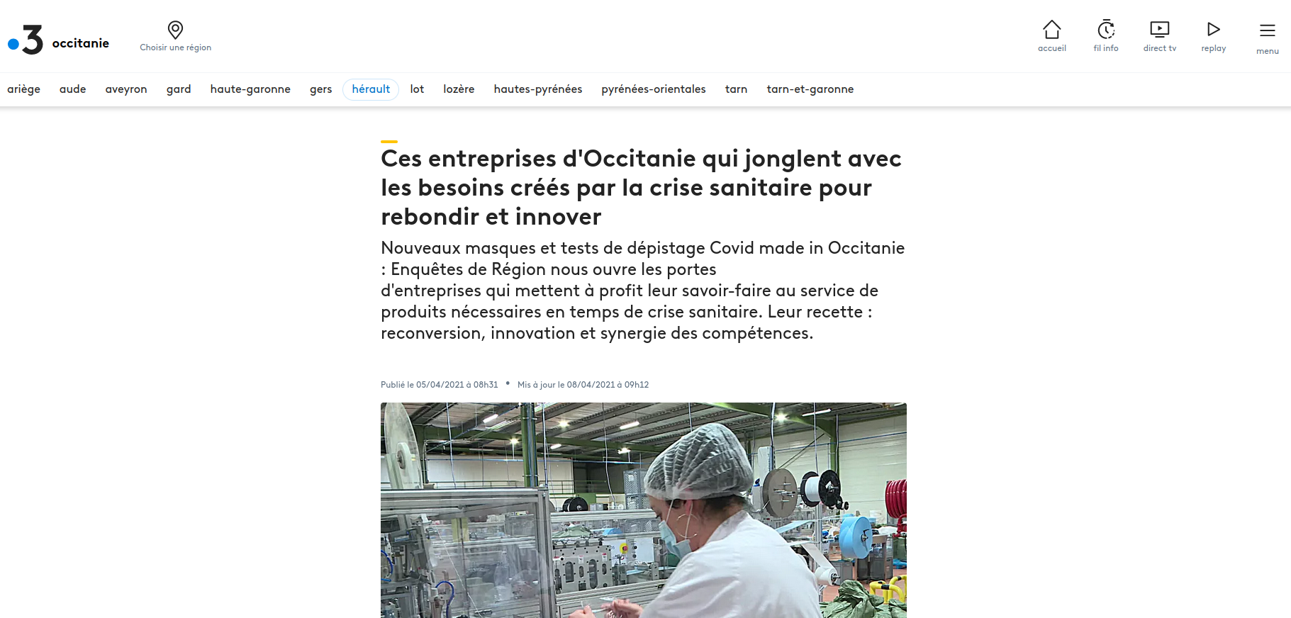 France TV - Ces entreprises d'Occitanie qui jonglent avec les besoins créés par la crise sanitaire pour rebondir et innover